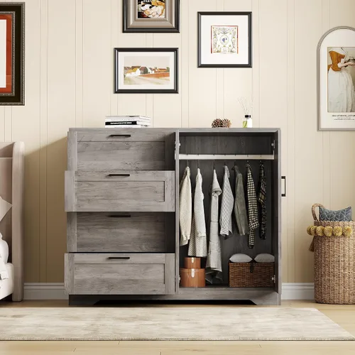 Miniatura 3 de GarveeHome Cómoda de madera multifuncional para dormitorio, 43.3 pulgadas de alto, armario de 2 puertas con 4 cajones y barra para colgar, armario