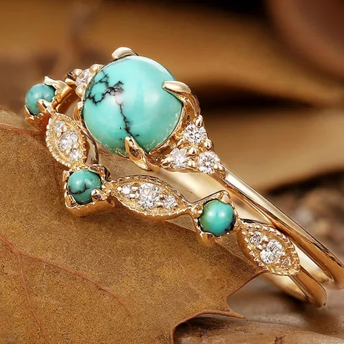 Miniatura 8 de Anillos gruesos dorados y turquesas apilables para mujeres, anillos para nudillos para el pulgar para mujer, diamantes de imitación vintage, joyería