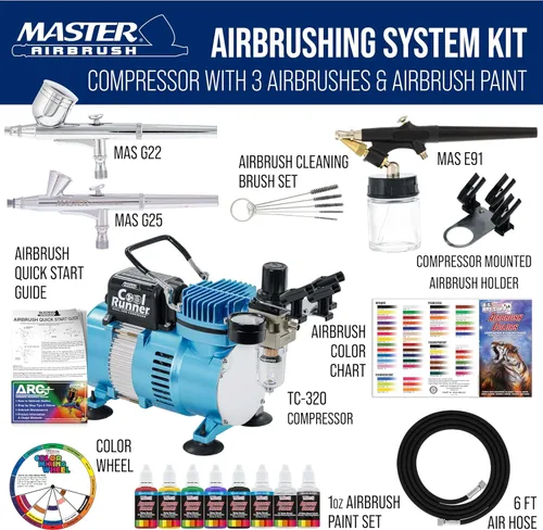 Miniatura 2 de Equipo profesional de 3 sistemas de aerógrafo con compresor y kit de pinturas de 6 colores primarios, de Master Airbrush Azul frío
