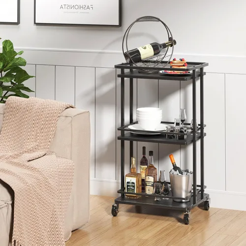 Miniatura 2 de XYZLVSI Carrito de barra de servicio rodante de 3 niveles, carrito de almacenamiento de isla de cocina de madera y metal con ruedas, estante
