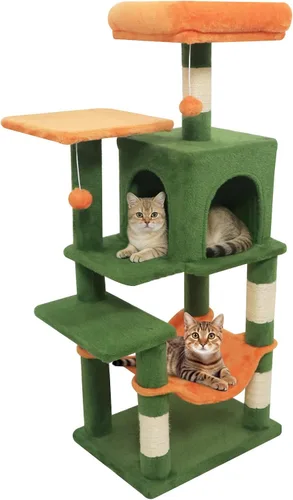 Miniatura 10 de Tangkula Torre de árbol para gatos, torre para gatos de varios niveles de 44 pulgadas con postes rascadores de sisal, condominio de 2 puertas