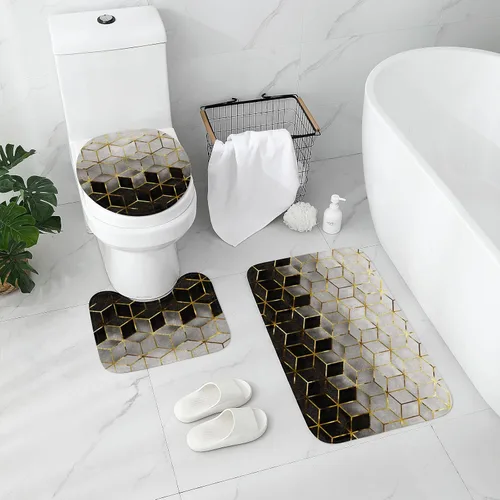 Miniatura 3 de Gibelle Juego de 4 cortinas de ducha de baño con alfombras antideslizantes, cubierta para tapa de inodoro y tapete de baño, líneas cúbicas doradas