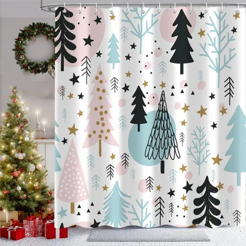 Cortina de ducha con texto en inglés "Merry Christmas", decoración de baño de Navidad, tela de poliéster, impermeable, 72 x 72 pulgadas con 12