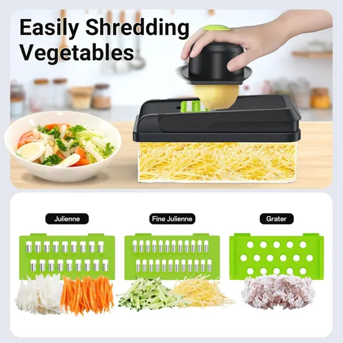 Miniatura 5 de SpaceHacks Picador de verduras 12 en 1, utensilios de cocina con 7 cuchillas, para verduras, alimentos, picador de cebolla, cortador de pepino, Verde
