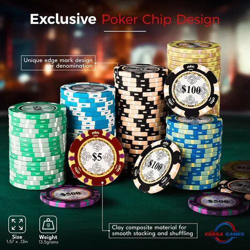 Miniatura 4 de Versa Games Juego de fichas de póquer – Fichas de póquer de grado casino de 0.48 oz, denominación de fichas de 7 colores – 2 mazos de cartas, dados