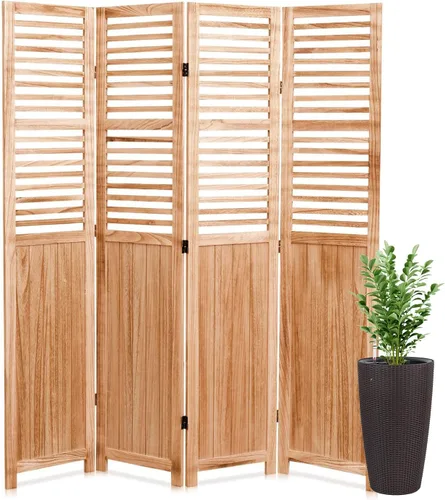 Miniatura 10 de Divisor de habitación plegable de 4 paneles, panel de privacidad de madera de Paulownia independiente de 5.6 pies con estantes de almacenamiento