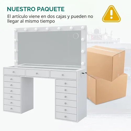 Miniatura 9 de Yanosaku Escritorio de tocador de 55 pulgadas de ancho, tocador de maquillaje con estación de carga, 15 cajones con espejo iluminado, 3 modos