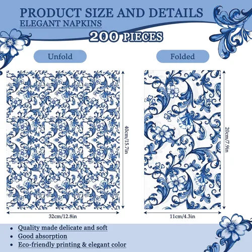 Miniatura 4 de Estune 200 servilletas de 2 capas desechables de papel con flores de papel para cena, servilletas de mano para baño, tocador, boda, vacaciones