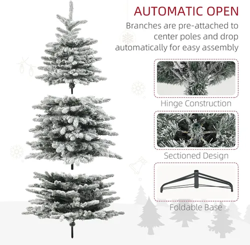 Miniatura 6 de HOMCOM - Árbol de Navidad artificial de pino de montaña preiluminado de 6.5 pies, árbol de Navidad con nieve, árbol de Navidad realista con bisagras