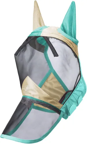 Miniatura 2 de Harrison Howard Pro Luminous Horse Fly Máscara de nariz larga con orejas protección UV para caballo, champán, oro/menta pequeño poni