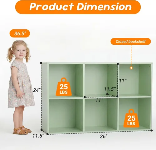 Miniatura 2 de Organizador de almacenamiento de 6 cubos, estantería de cubo para niños, estantería de cubo verde con panel trasero cerrado, paneles gruesos, kit