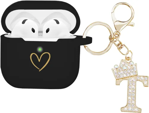 Miniatura 12 de Compatible con AirPods 4 Cover 2024, funda de silicona suave con patrón de corazón dorado para 4ª generación, llavero de letra A-Z con diamantes