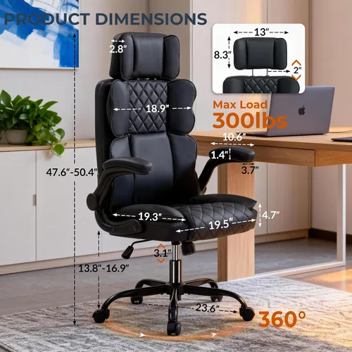 Miniatura 2 de Silla de oficina con reposacabezas ajustable, silla de escritorio ejecutiva de cuero para oficina en casa, con brazos abatibles y soporte lumbar