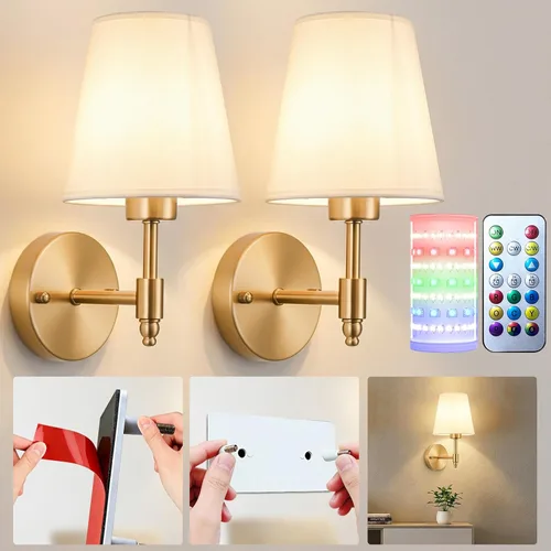 Miniatura 11 de Juego de 2 apliques de pared a pilas, luz de pared inalámbrica con bombilla magnética recargable RGB de 10000 mAh, aplique de pared recargable