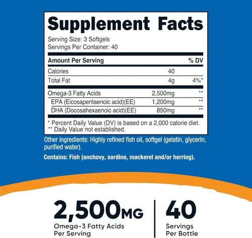 Miniatura 2 de Nutricost Aceite de Pescado Omega 3 - 2500 mg, 120 cápsulas blandas (40 porciones) - Aceite de pescado, capturado en la naturaleza! 1200 mg EPA 850