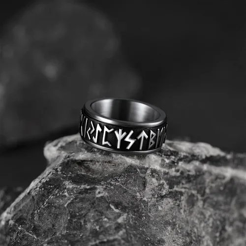 Miniatura 9 de FaithHeart Anillo giratorio nórdico vikingo con runas de acero inoxidable chapado en oro para hombres y mujeres, puede grabar personalizado