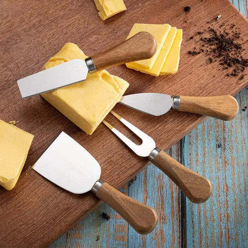 Miniatura 4 de Juego de 6 cuchillos de queso con mango de madera, juego de cuchillos de queso de acero inoxidable mini para charcutería y queso untable, pinzas