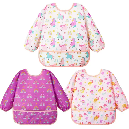 Lictin Paquete de 3 Baberos para Bebé, Babero de Manga Larga Lindo, Baberos Impermeables para Niños Pequeños, Babero Ajustable con Cierre para Bebé,