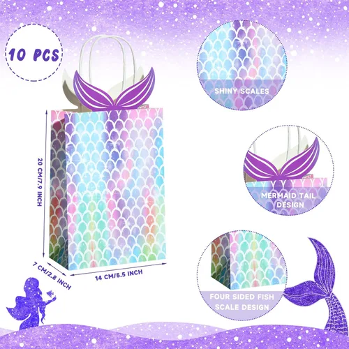 Miniatura 2 de Chinco 10 bolsas de regalo de sirena, regalos de fiesta, bolsas de dulces con asa, suministros de fiesta de sirena para niñas, cumpleaños, baby