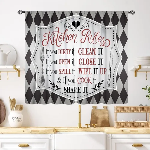 Miniatura 36 de Cortinas Rústicas de Cocina, Tenedor Cuchara Retro Tablón de Madera Granja País Tema de Cocina Citas Divertidas Tratamiento de Ventana