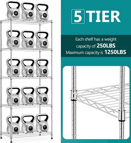 Miniatura 3 de IZEUK Estantes de almacenamiento de metal cromado de 5 niveles, estantería de alambre ajustable para cocina, baño, despensa, oficina, garaje, Cromo