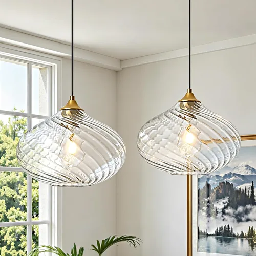 Glass Pendant Lights Kitchen Island, 11'' Brass Gold Pendant Lighting Fixtures, Modern Hanging Ceiling Light with Striped Clear Glass Shade for