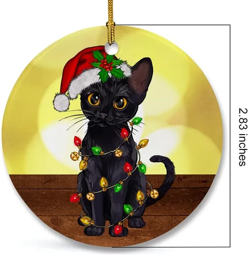 Miniatura 2 de Bonito adorno de cerámica de gato negro, divertidas decoraciones de Navidad para árbol, adorno colgante de Navidad para amantes de los gatos