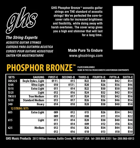 Miniatura 2 de GHS Strings 615 - Juego de 12 cuerdas para guitarra acústica de bronce fósforo, ligero, 11-48