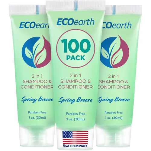 EcoEarth Champú acondicionador de tamaño de viaje 2 en 1 (1 onza líquida, 100 unidades, brisa de primavera) deleita a tus invitados con champú