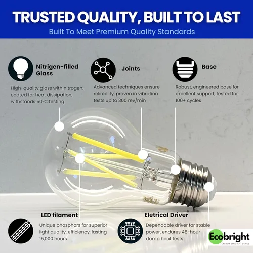 Miniatura 8 de EcoBright - Paquete de 4 bombillas de filamento LED A19 regulables, 10 W, equivalente a 100 W, 1100 lúmenes, blanco cálido, 2700 K, base E26, CRI90