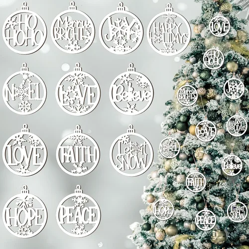 Roowest 48 piezas de adornos colgantes de madera para árbol de Navidad huecos, recortes de letras blancas, etiquetas colgantes de Navidad,