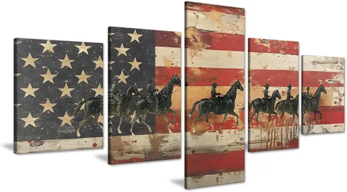 Miniatura 20 de Arte de pared de concepto patriótico, pintura de bandera estadounidense y británica, lienzo de estrellas y rayas, 5 paneles, arte moderno americano