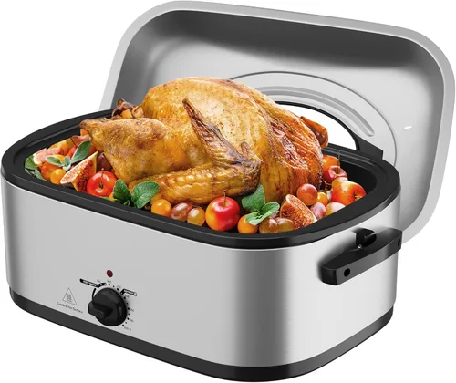 Sunvivi Horno asador eléctrico con tapa visible, horno asador de pavo de 24 cuartos de galón con sartén y estante extraíbles, acero inoxidable,
