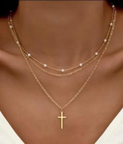 Miniatura 3 de VIROMY - Delicado collar de oro para mujer, chapado en oro de 14 quilates, collar de satélite de triple capa, collar de clip con cadena
