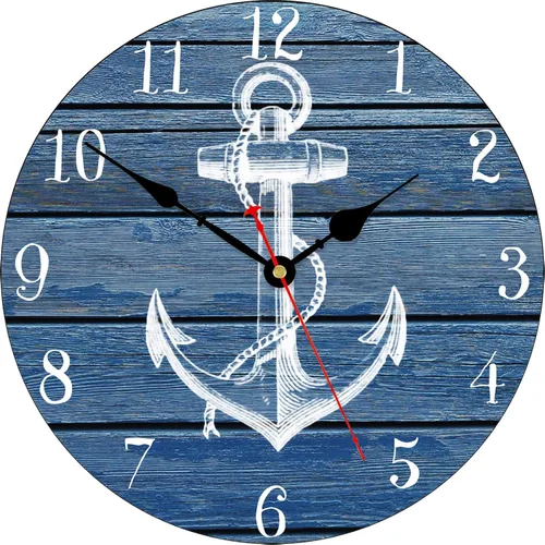 TAHEAT Reloj de pared náutico de anclaje para playa, accesorios y decoración de baño, color azul marino, decorativo, funciona con pilas, relojes