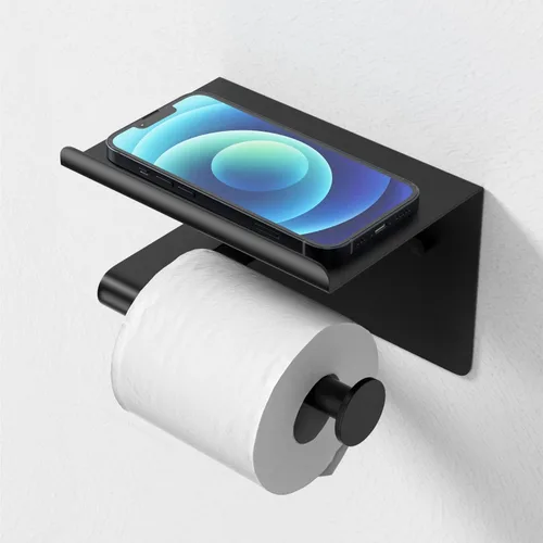 Miniatura 5 de GLNLQ Soporte de papel higiénico negro mate con estante, se adapta a Mega Rollos, acero inoxidable a prueba de óxido, soporte de rollo de papel