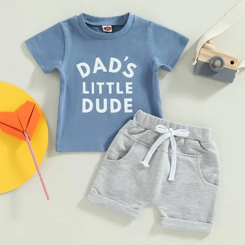 Miniatura 11 de Conjunto de traje de verano para bebé niño pequeño, manga corta, cuello redondo, letras impresas, lindo traje de verano, conjunto de 2 piezas