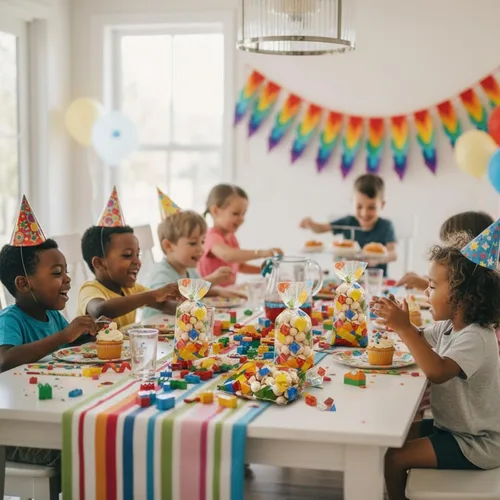 Miniatura 7 de 100 bolsas de celofán con bloques de construcción, suministros para fiesta de cumpleaños, bolsas de dulces con 100 lazos plateados para recuerdos
