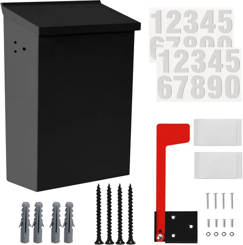 TonGass Buzón de pared de 7.1 x 10.1 x 3.8 pulgadas para casa con bandera y calcomanías de números, buzones para montaje en pared exterior con