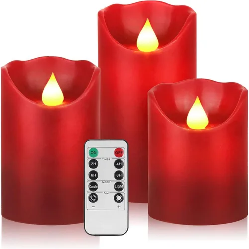 JUNPEI - Juego de 3 velas LED parpadeantes de pilas que duran 300 h, color rojo, cera real, control remoto de 10 teclas, temporizador de 24 h, para