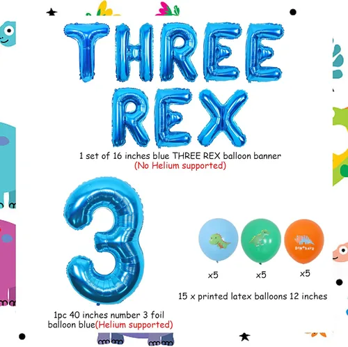 Miniatura 3 de Decoraciones de cumpleaños de dinosaurios 3D para niños, globo de aluminio azul con el número 3, pancarta de globos Rex 3 para fiesta de cumpleaños