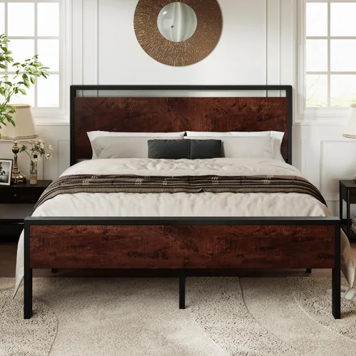 Miniatura 10 de Allewie Base de cama de plataforma tamaño Queen con cabecera y estribo de madera, soporte de 12 listones de metal resistente, no necesita somier