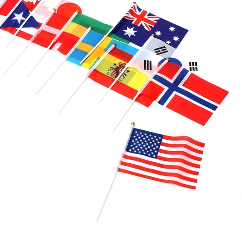 Miniatura 3 de Bandera de 200 países, banderas deportivas de palillo de país, parte superior redonda de mano pequeña en palo, bandera de países del mundo en cada