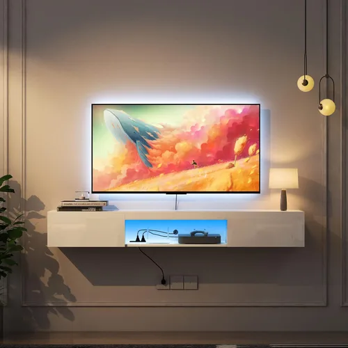 Miniatura 11 de Soporte flotante para TV montado en la pared con 20 LED de color, soporte de TV moderno de 63 pulgadas, gabinete de TV flotante centro