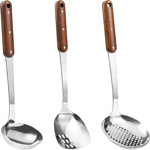 Miniatura 15 de FJNATINH Espátula Wok de acero inoxidable, cucharón, juego de herramientas de cucharón de espumadera, utensilios de cocina pulidos con mango de Negro