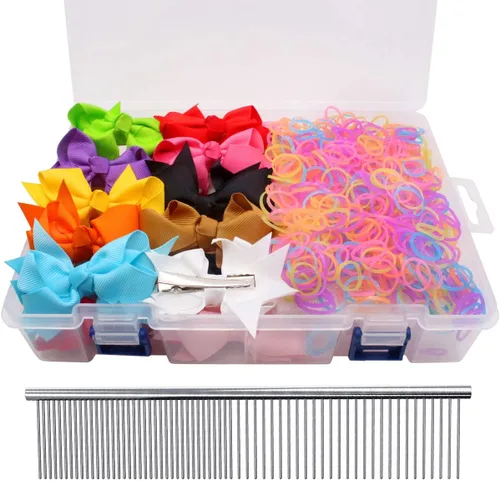 YOY 20 adorables lazos para el pelo de perro con clips y 1000 bandas de goma y 1 peine de acero para peluquería, nudo superior de cachorro, moño