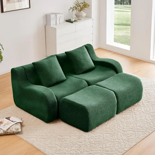 Miniatura 8 de Otomana de tela de peluche negra, moderno reposapiés modular sin hueso en una caja para sala de estar, cómodo diseño de asiento profundo,