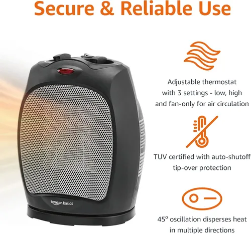 Miniatura 2 de Amazon Basics Calentador de espacio de cerámica oscilante, solución de calefacción portátil para interiores, con protección contra Negro