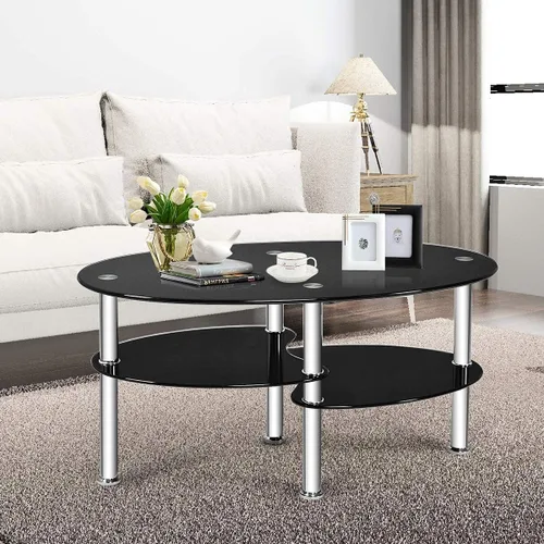 Miniatura 2 de Moccha - Mesa de centro de cristal, 3 niveles, moderna mesa de té ovalada de vidrio liso con amplio escritorio de vidrio y patas cromadas