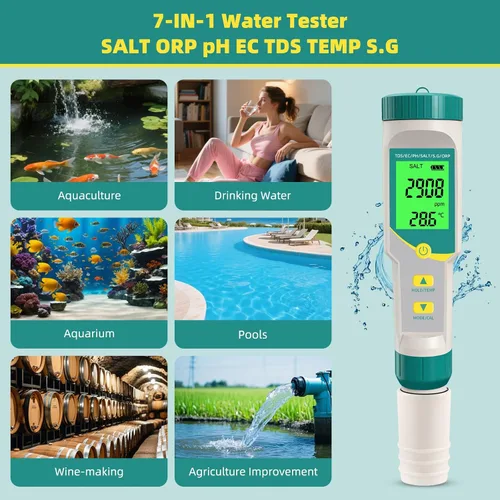 Miniatura 4 de Medidor de PH/TDS Medidor digital de agua 7 en 1 Medidor TDS y probador de salinidad PH Temp EC, Medidor de PH de alta precisión para agua con Verde